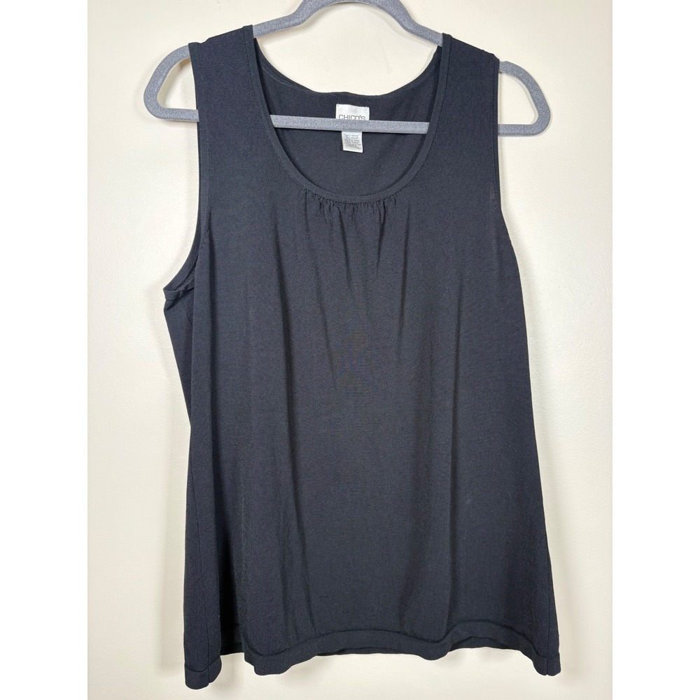 Chicos Black Sleeveless Knit Shell Tank Top Scoop Neck Pleated Size 2 Large Luxe
